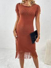 Fringe Openwork Boat Neck Knit Dress Caramel OutfitFlow